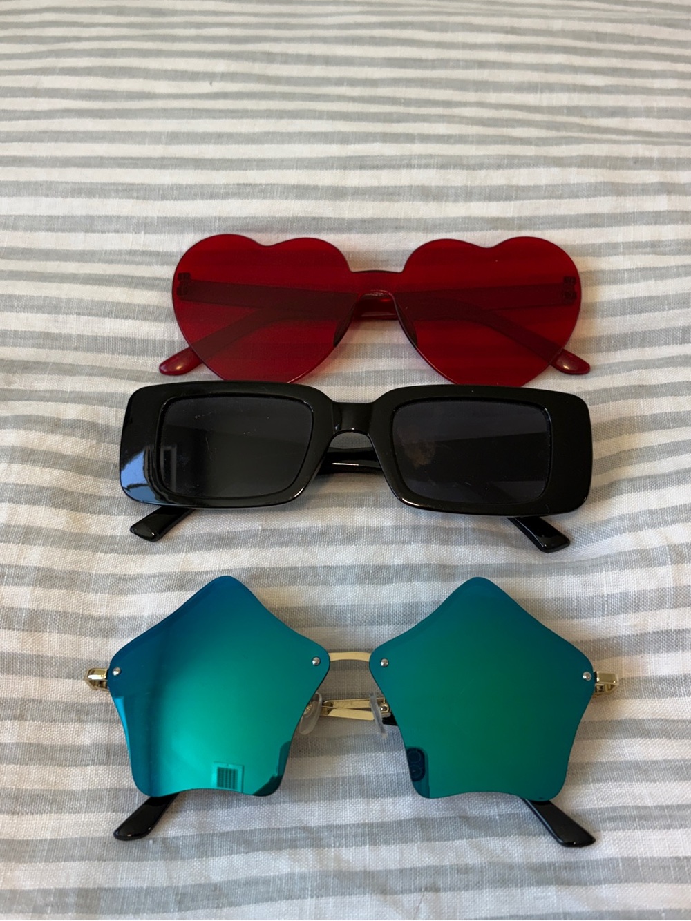 Set of 3 Fashion Sunglasses - Red Heart, Black Rectangular, Teal Star